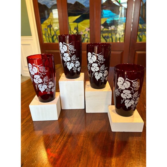 Ruby Red Anchor Hocking Grape Patterned Glass Tumblers. - Picture 5 of 12